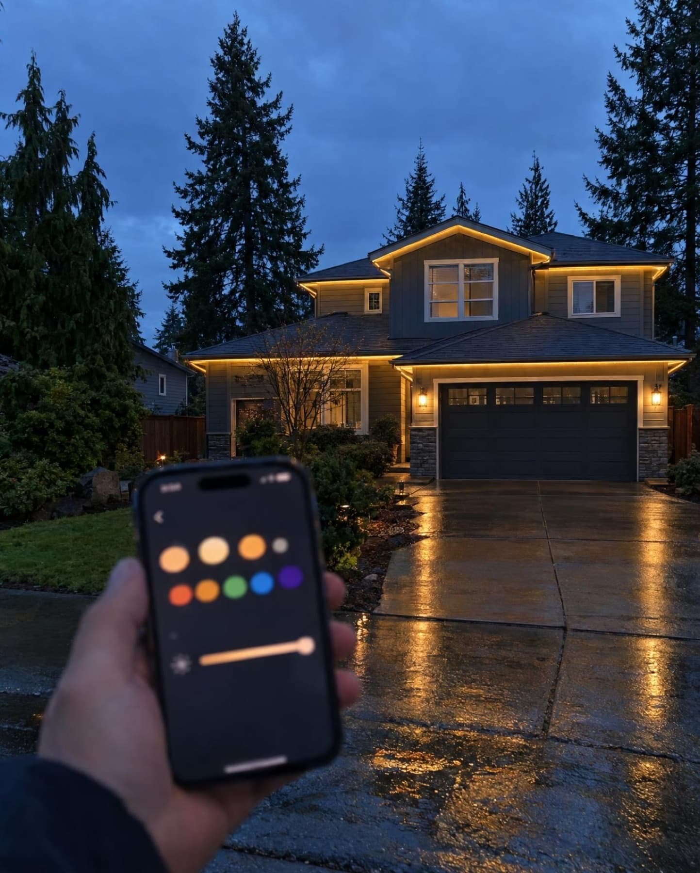 Hand holding a phone with a lighting app open, lit house in focus behind