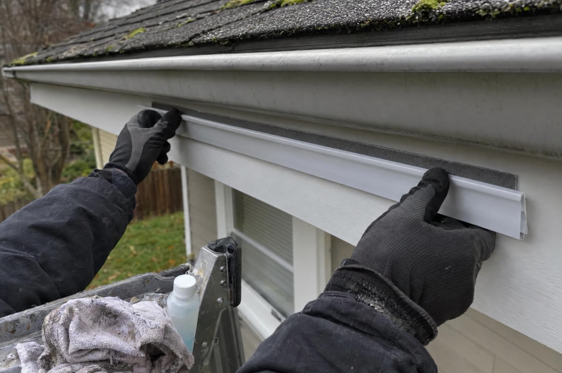 Gloved hands pressing a white lighting channel onto a fascia with foam tape visible