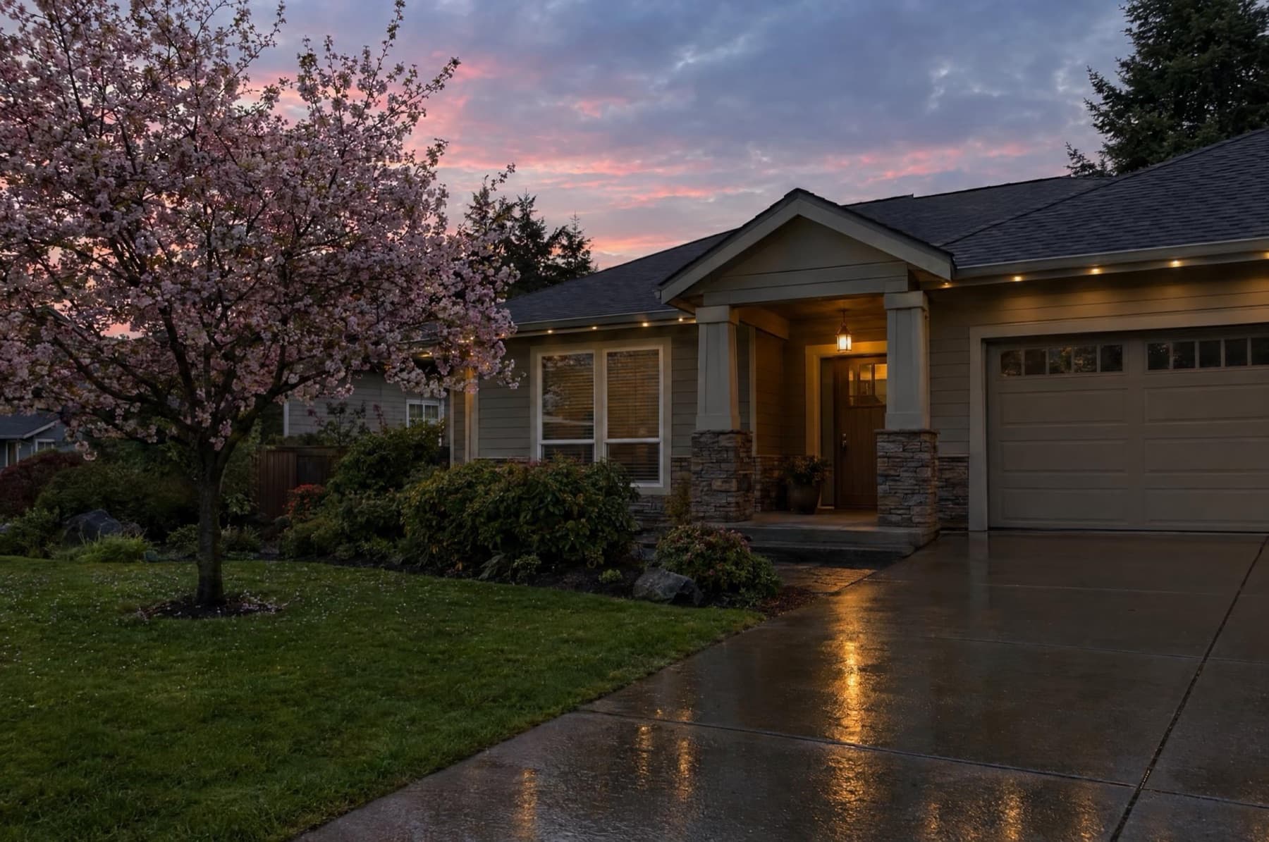 Single-story home at spring dusk with dim warm-white roofline lights and a flowering cherry