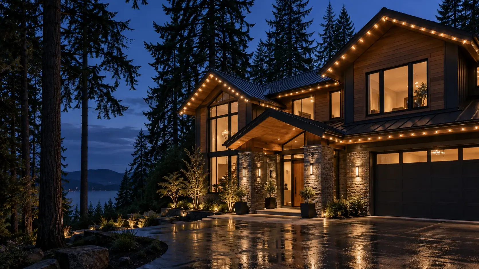 a cedar and charcoal Northwest home with warm-white roofline lighting at blue hour