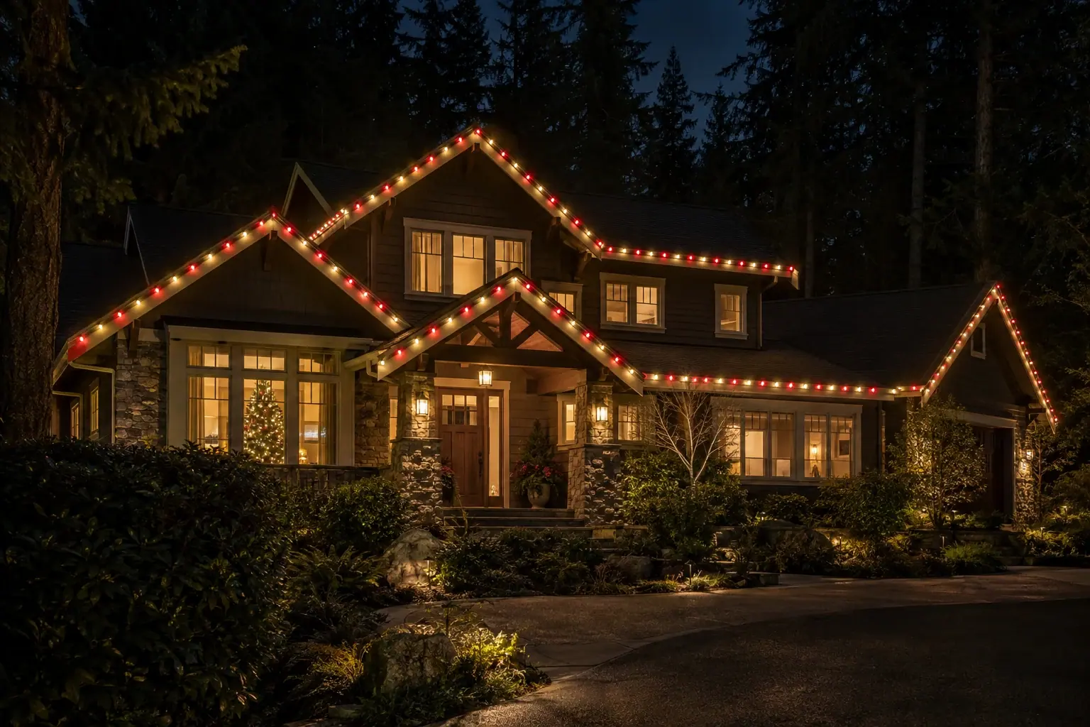 Illustration: a craftsman home outlined in red and warm-white C9 lights