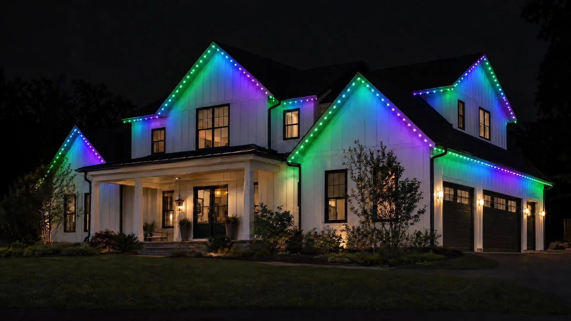 the same home with a green, teal, blue and violet aurora gradient