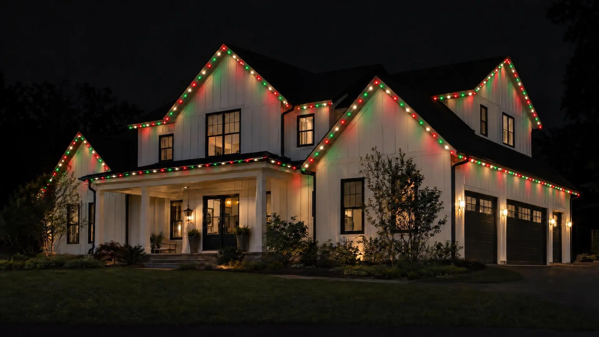 Illustration: the same farmhouse with red, green and warm-white lights along every gable and eave