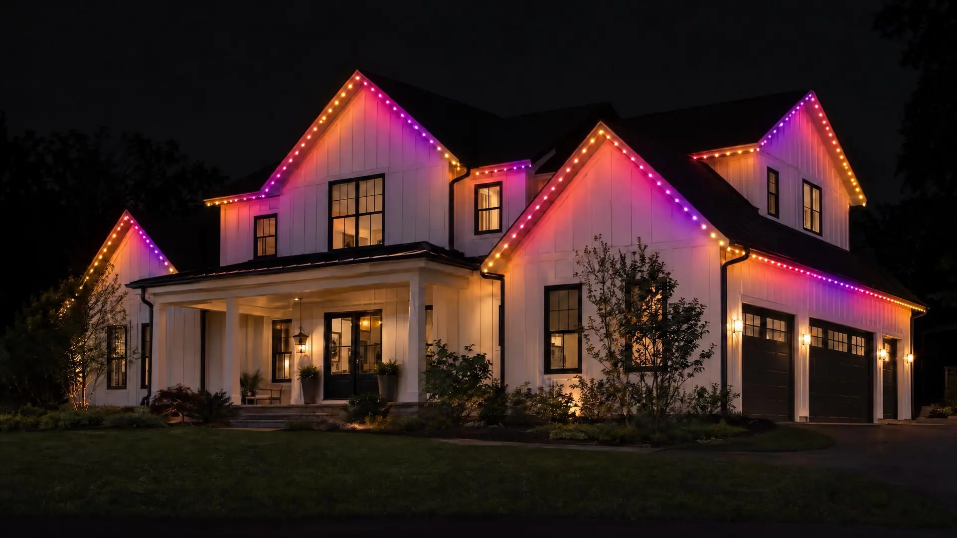 the same home with a gold, coral, pink and violet sunset gradient