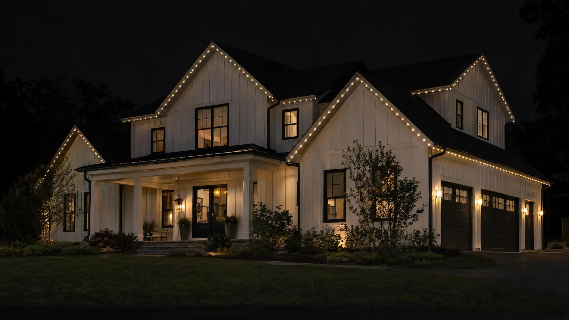 Illustration: a white two-story farmhouse at night with warm-white lights along every gable and eave