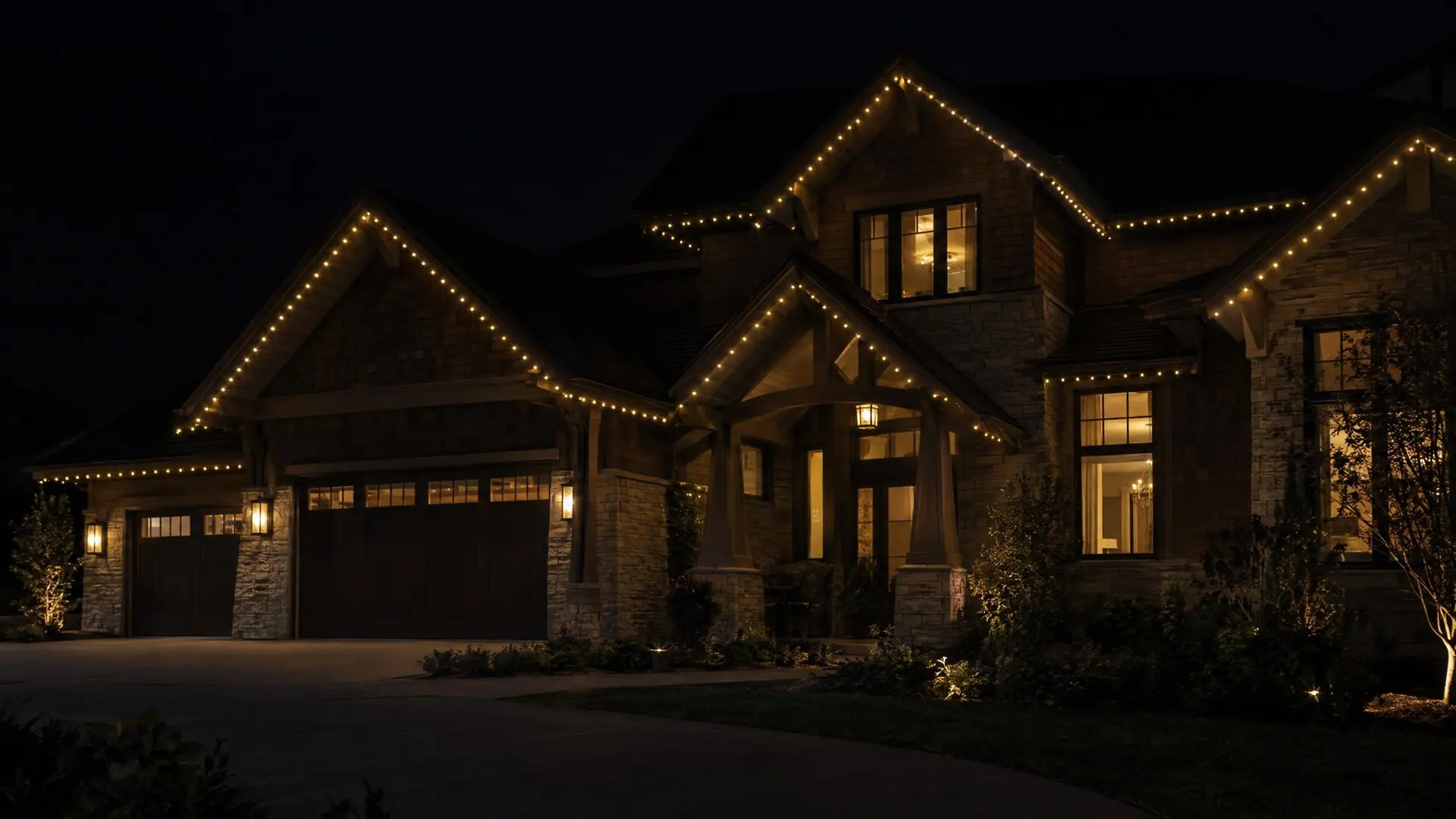 A cedar-and-stone craftsman home at night with warm-white permanent roofline lighting