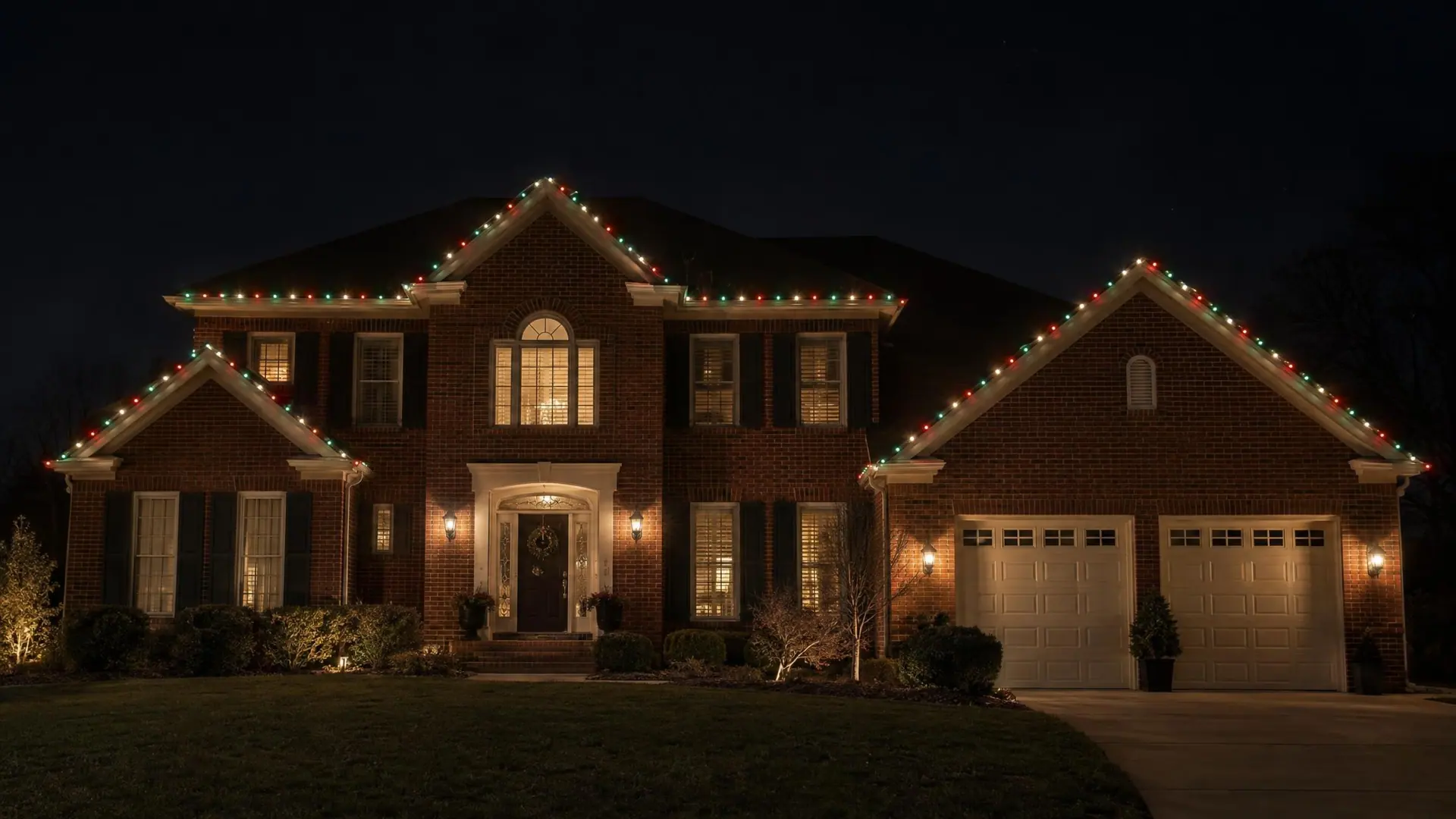 Illustration: a two-story brick house at night with red, green and white lights along the rooflines