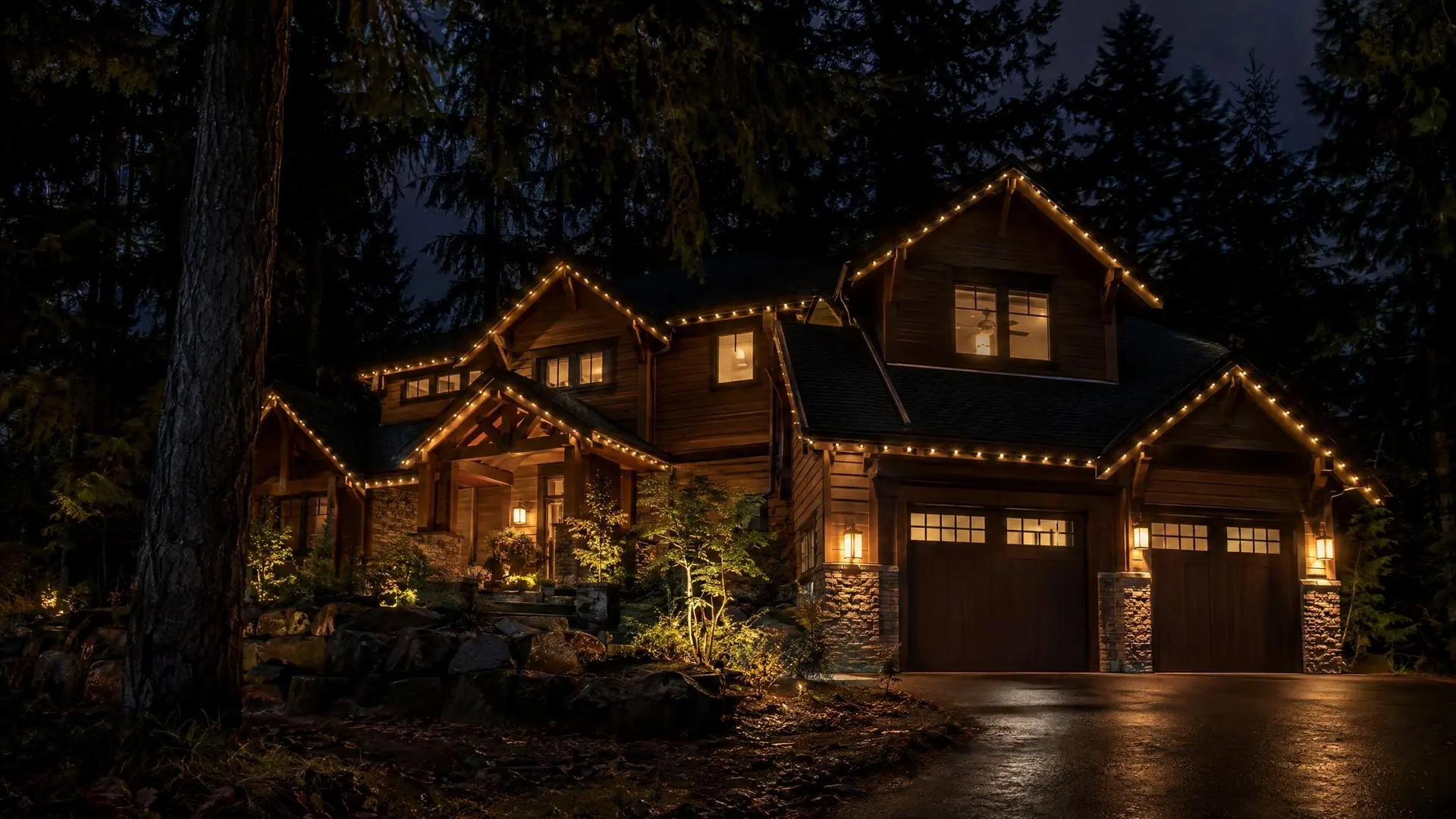A cedar cabin among firs at night with warm-white roofline lighting