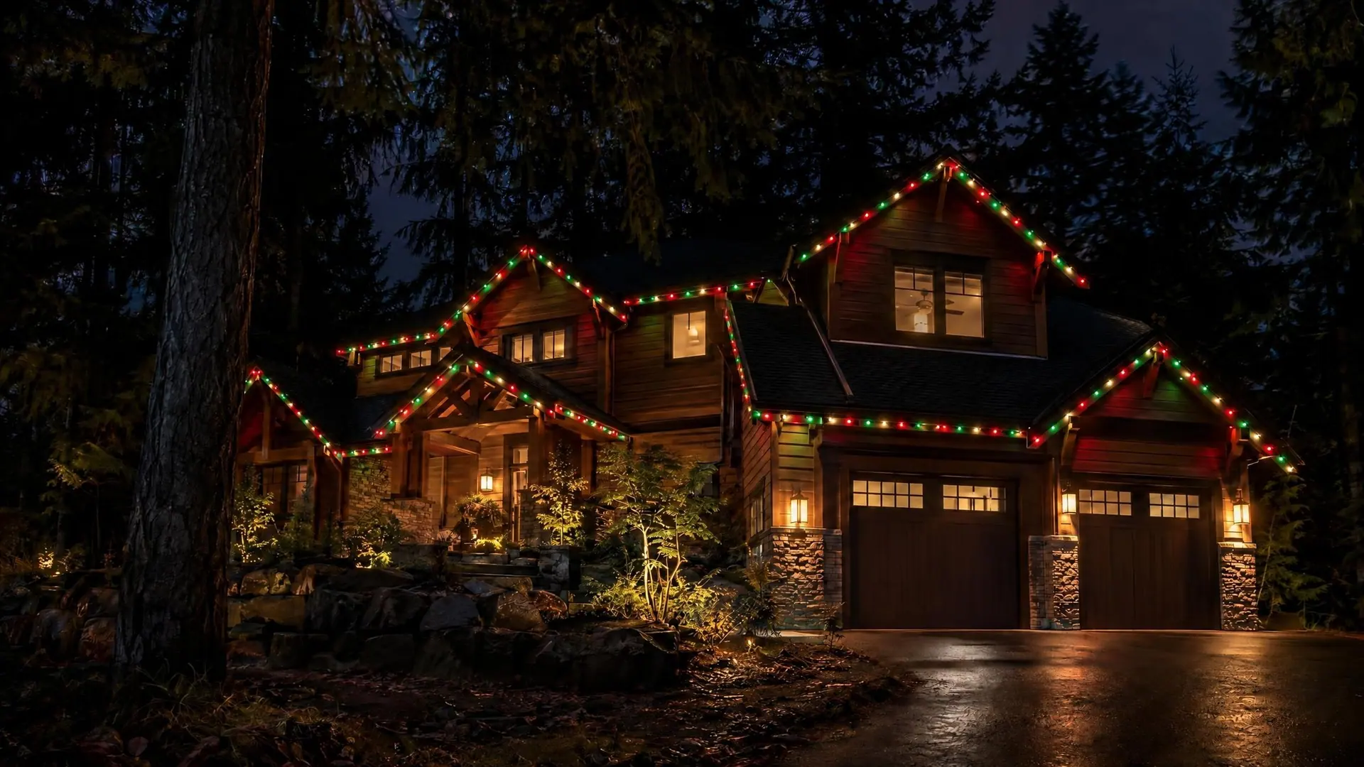 Illustration: a cedar-sided two-story house among fir trees at night, its gables, eaves and garage outlined in red, green and warm-white bulbs