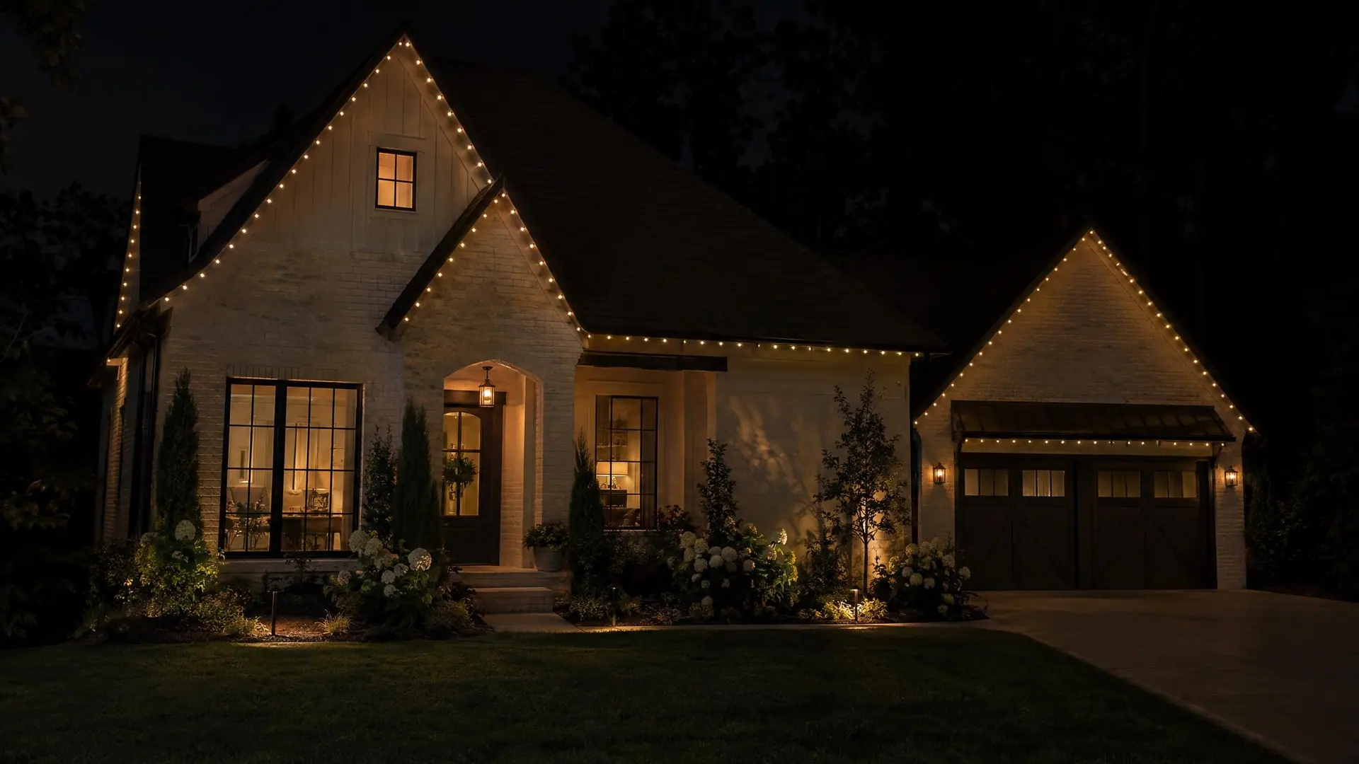 A craftsman cottage at night with warm-white roofline and porch lighting
