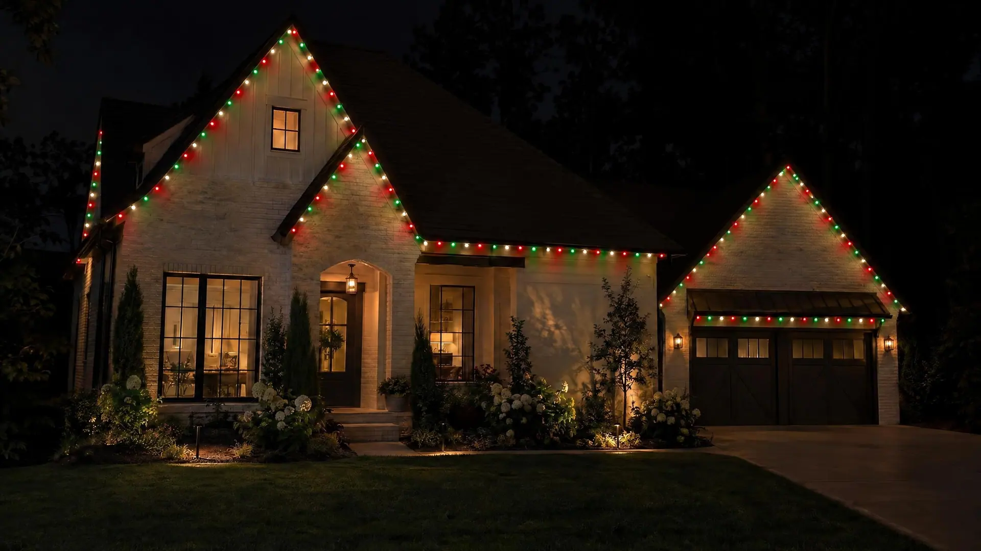 Illustration: a white-brick house at night, its gables outlined in red, green and white lights
