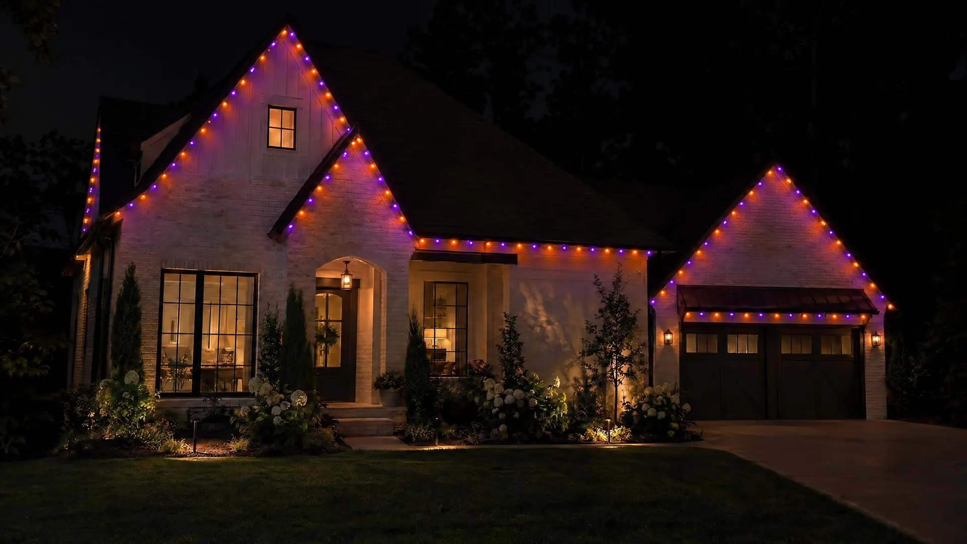 Illustration: a light-colored brick cottage at night with orange and purple lights along its gables, eave and garage