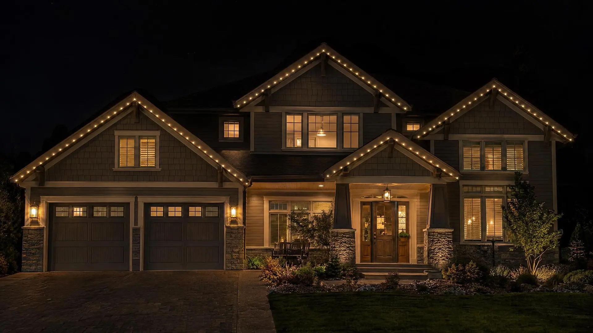 A large two-story home at night with the whole roofline in warm-white light