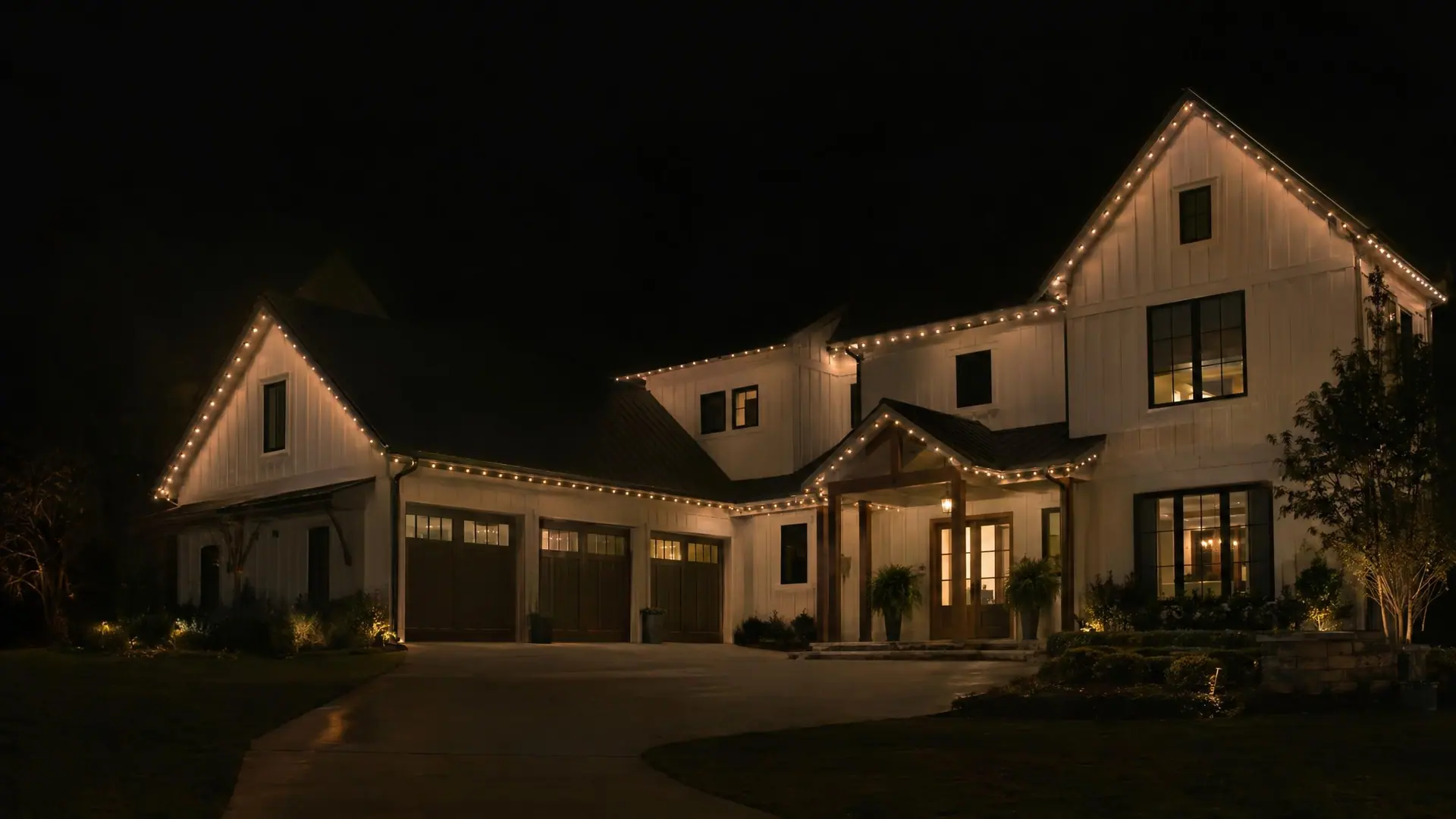 A large home at night outlined in warm amber and rose-gold roofline lights