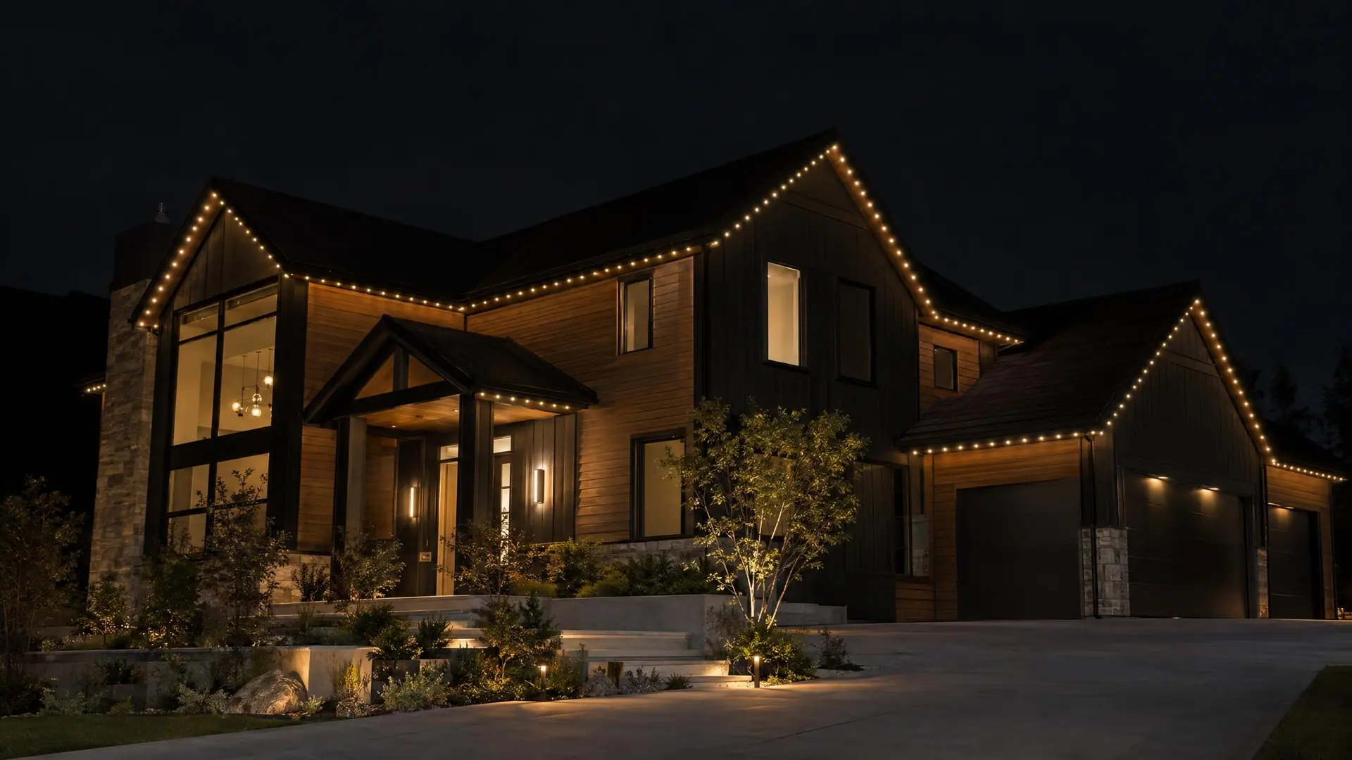 A modern black two-story home at night with warm-white roofline lighting