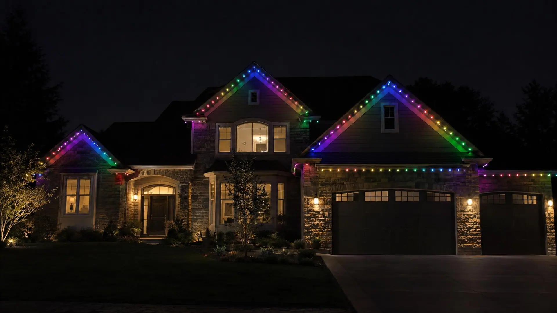 A home at night outlined in a tasteful jewel-toned multicolor gradient