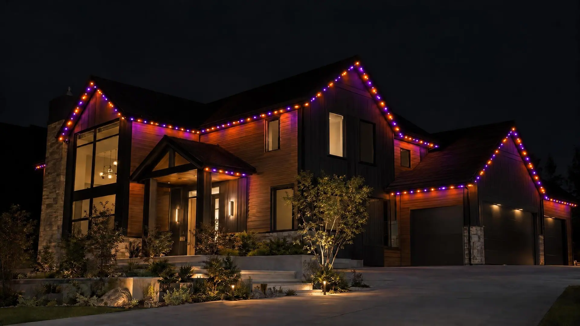 A modern black home at night with orange and purple Halloween roofline lights