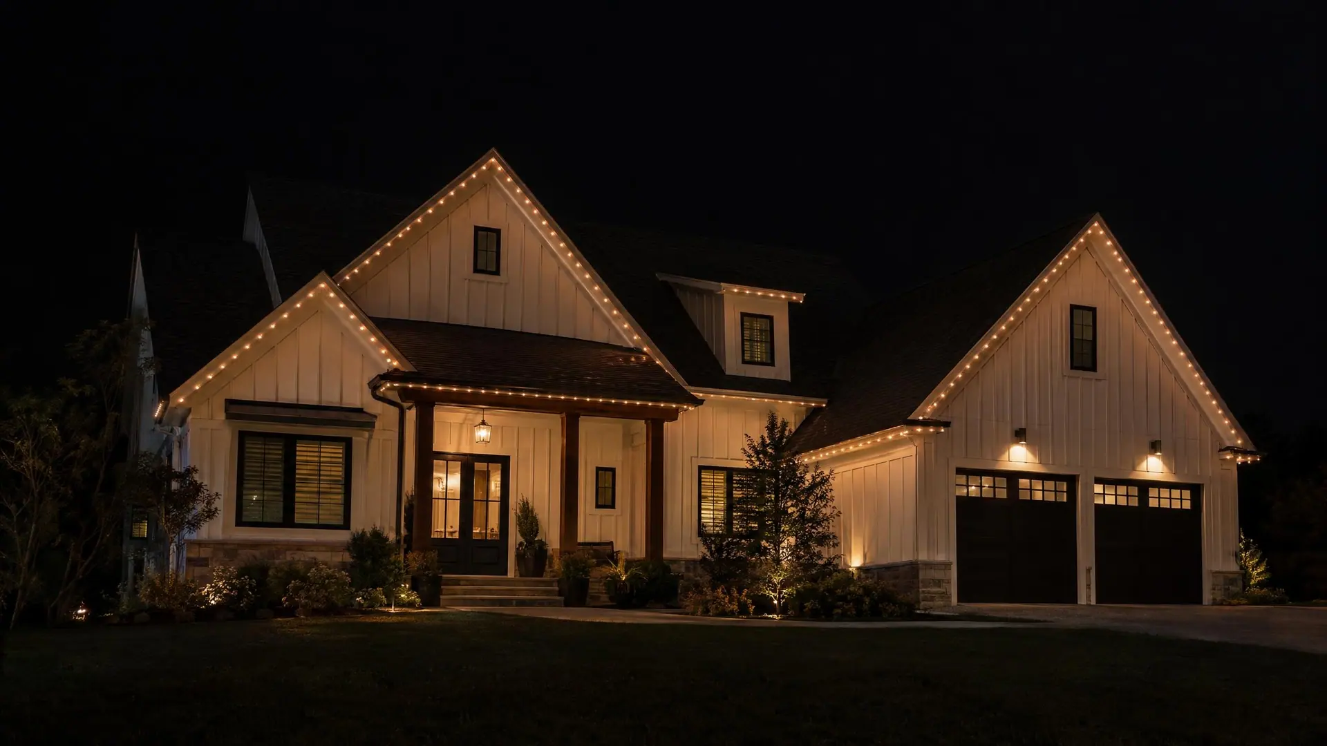 A home at night outlined in warm amber and rose-gold roofline lights