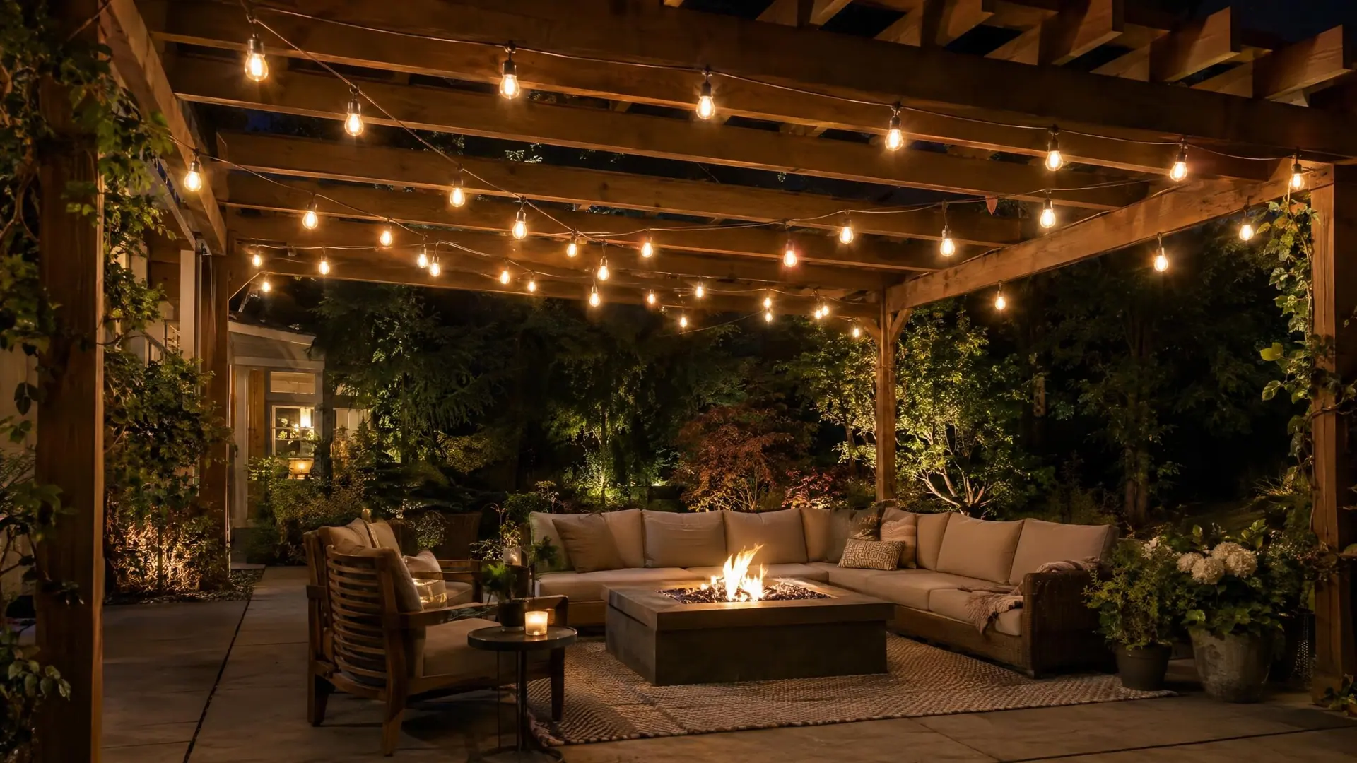 A backyard pergola patio at night with warm-white bistro string lights