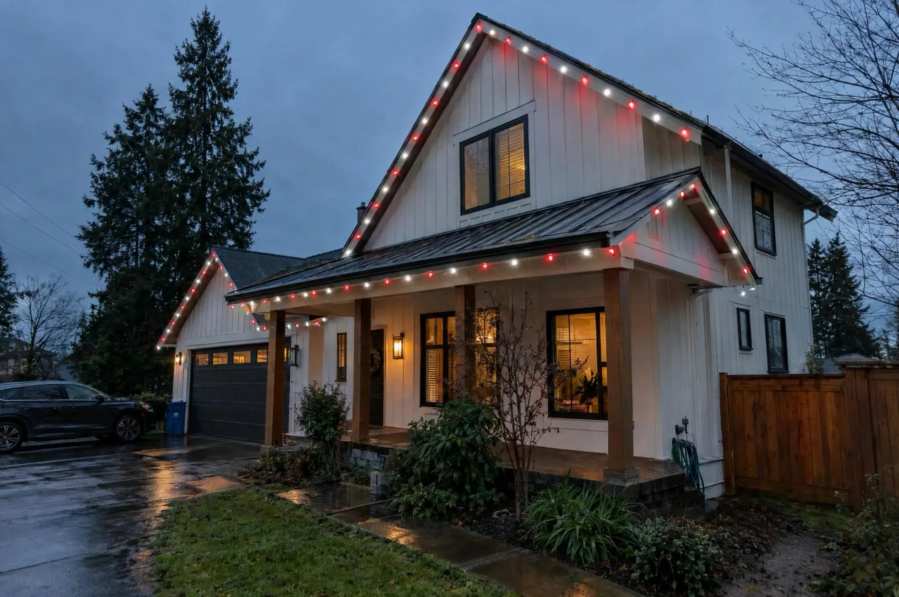 Illustration: a white farmhouse at dusk with C9 bulbs in a white channel along its gables and porch, in a red and white pattern
