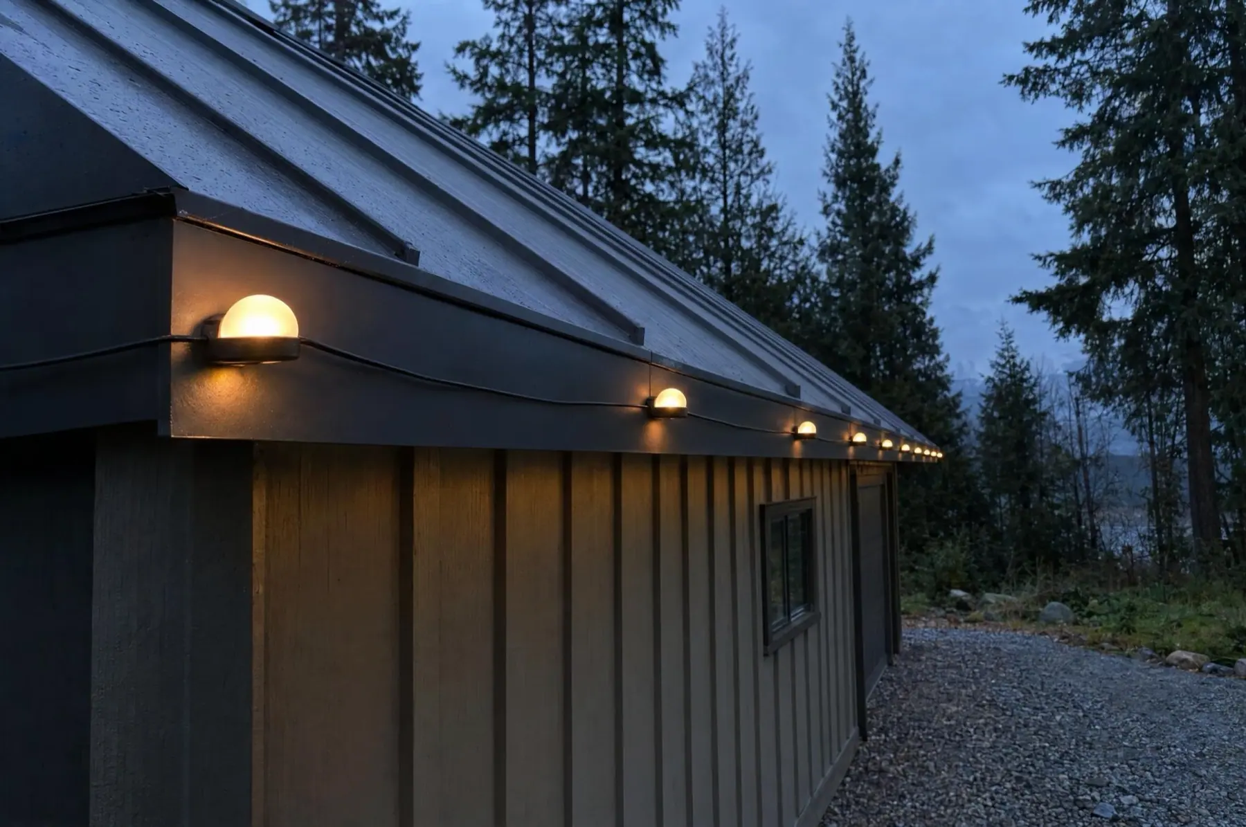 Magnetic pebble lights on the steel drip edge of a metal-roofed shop