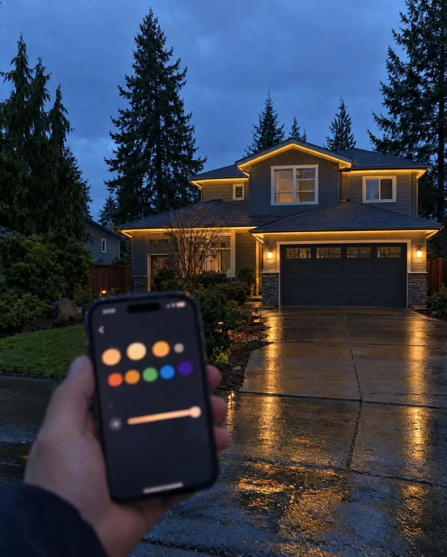 Illustration: Hand holding a phone with a lighting app open, lit house in focus behind