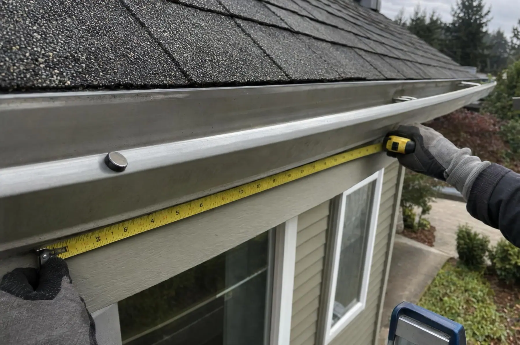 Illustration of gloved hands holding a tape measure along a fascia board