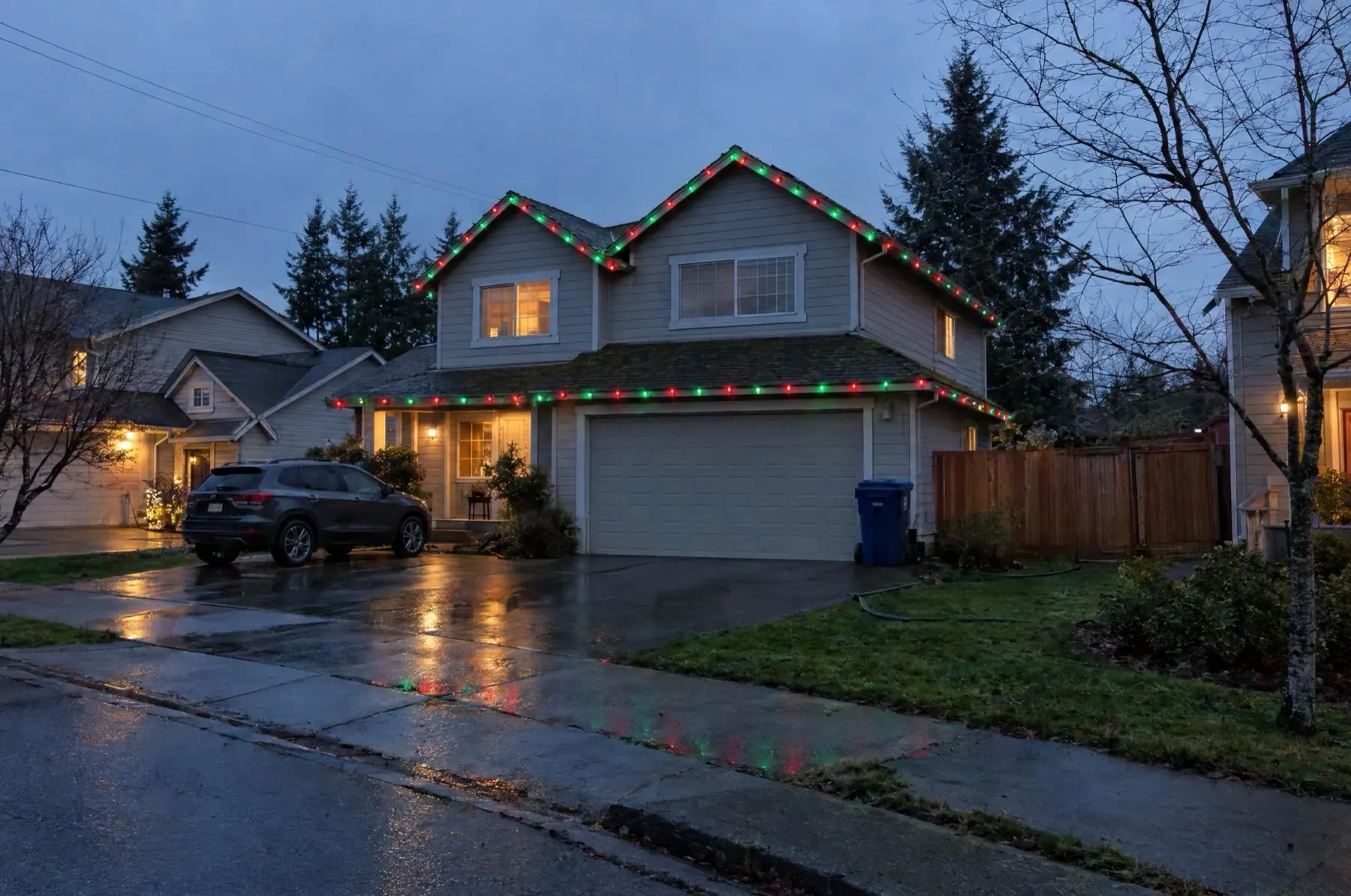 Illustration: Subdivision two-story with red and green C9 strands on the roofline and garage
