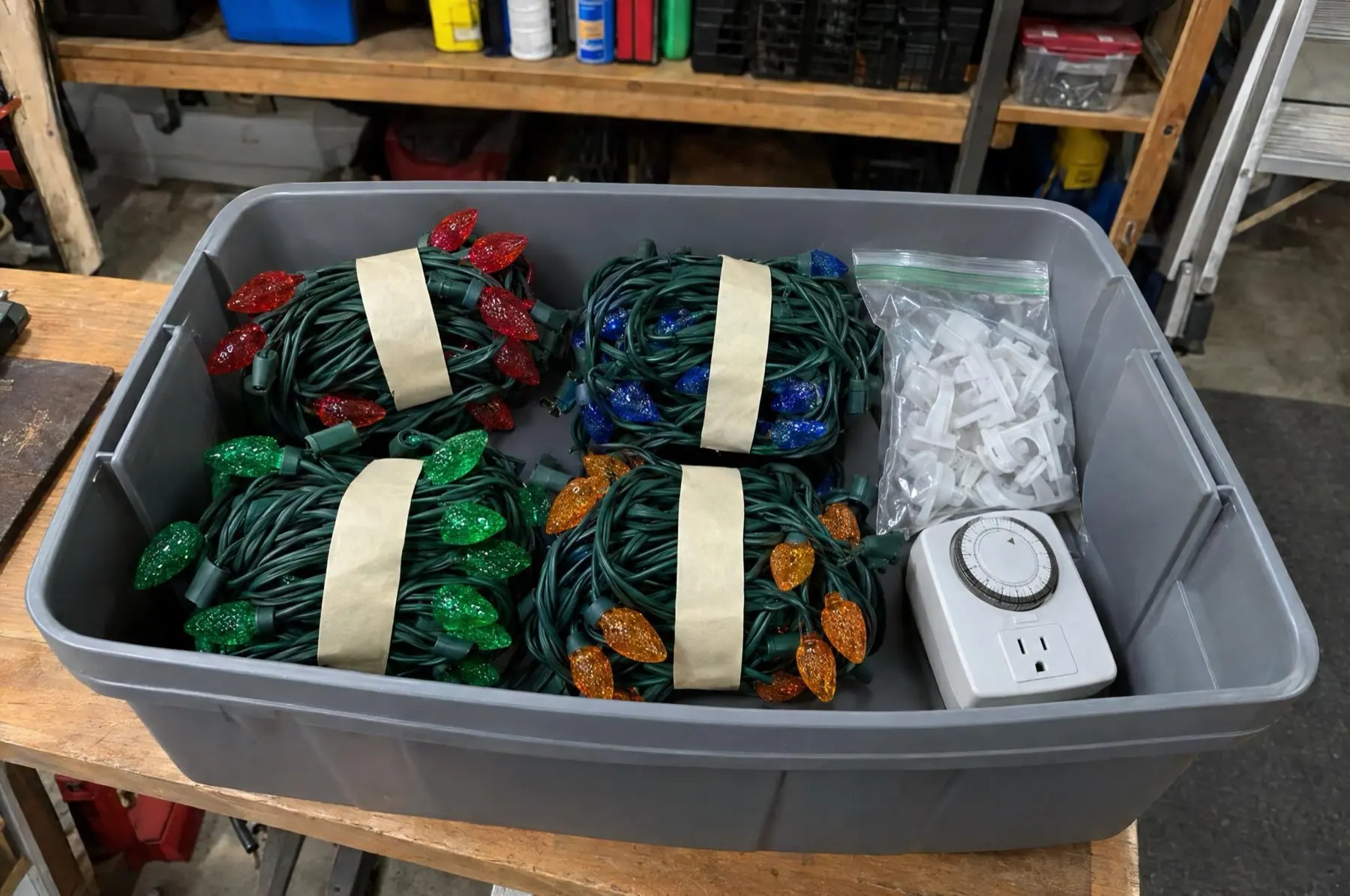 Illustration of coiled C9 light strands, clips and a timer in a storage tote